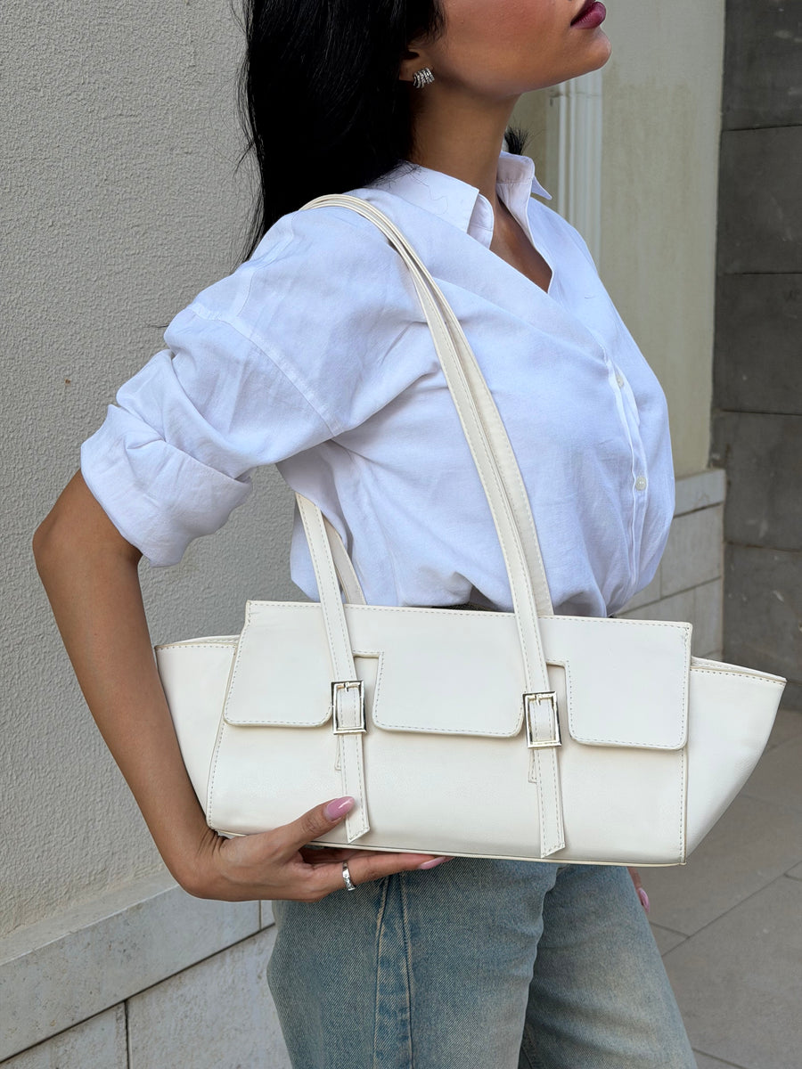 The Sloan Structured Leather Shoulder Bag - Beige