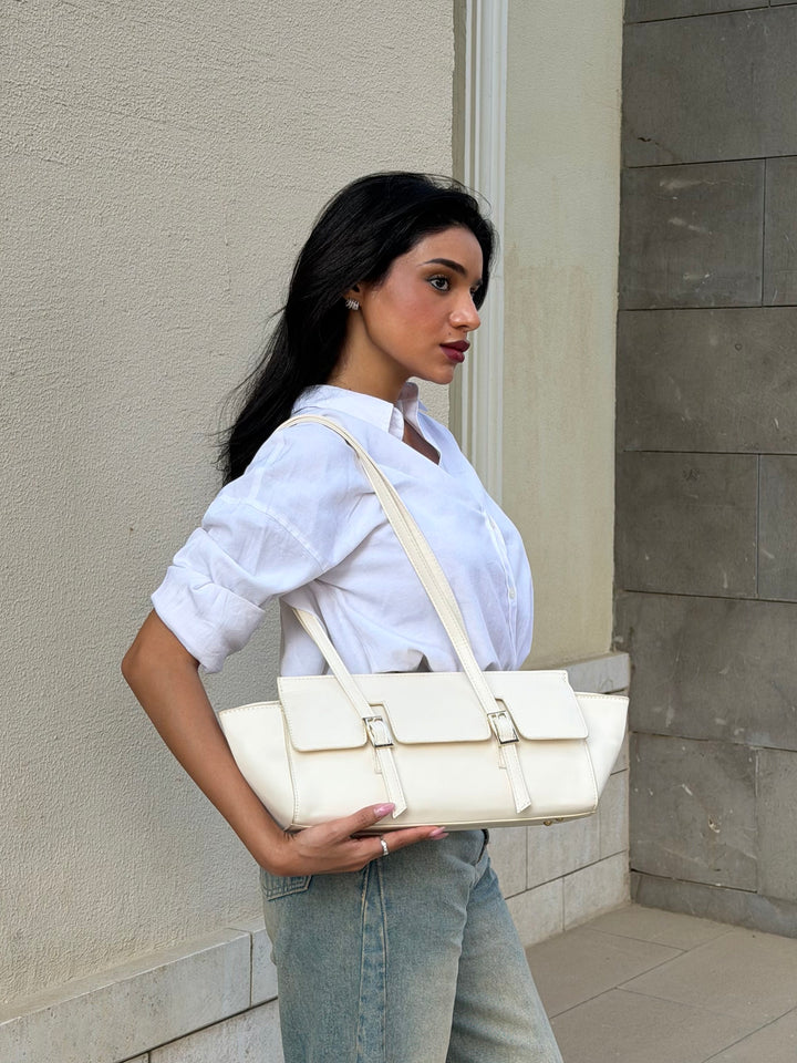 The Sloan Structured Leather Shoulder Bag - Beige