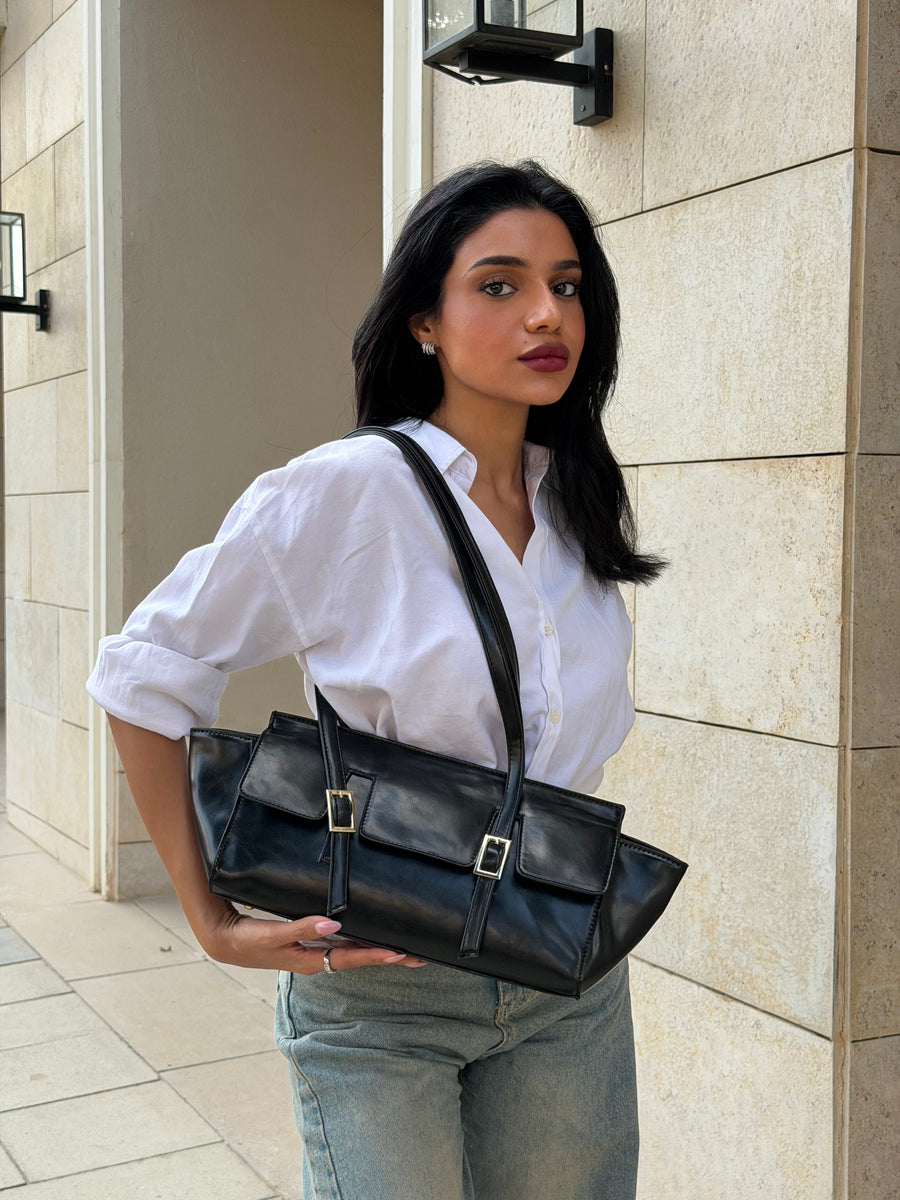 The Sloan Structured Leather Shoulder Bag - Black