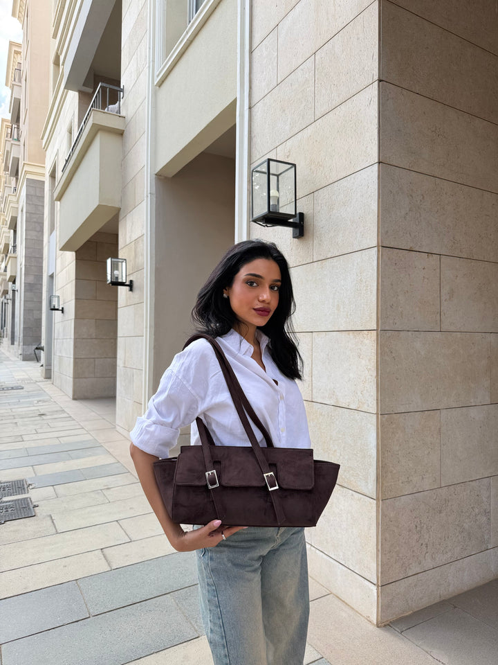 The Sloan Structured Suede Shoulder Bag - Brown