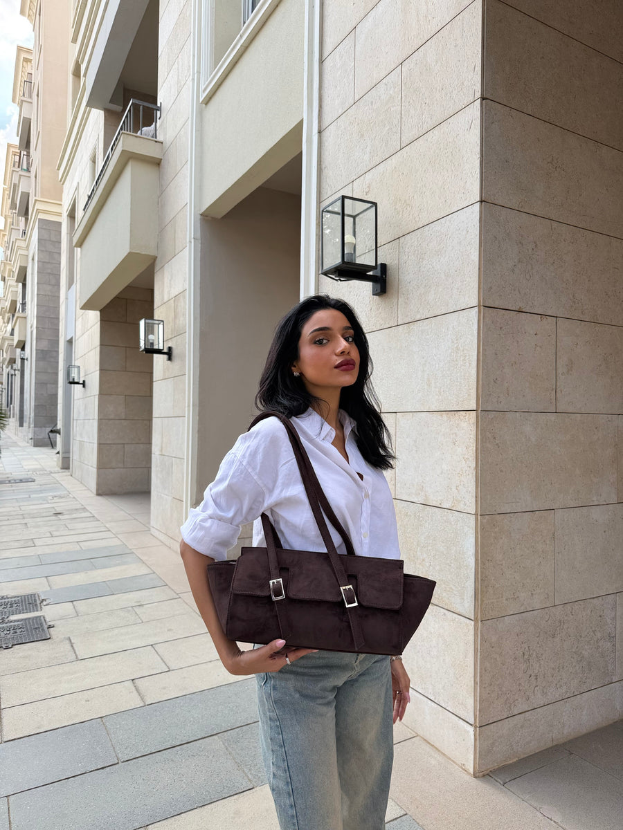 The Sloan Structured Suede Shoulder Bag - Brown