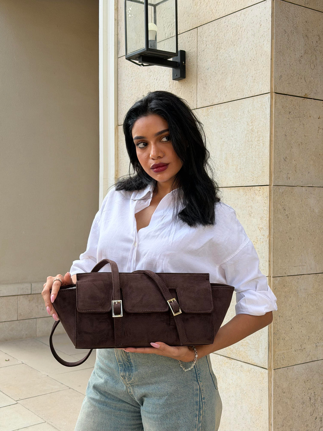 The Sloan Structured Suede Shoulder Bag - Brown
