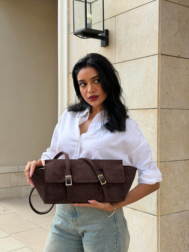 The Sloan Structured Suede Shoulder Bag - Brown