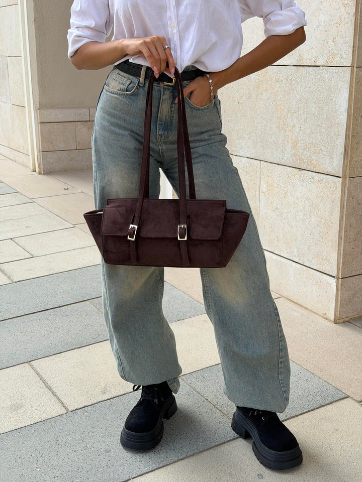 The Sloan Structured Suede Shoulder Bag - Brown
