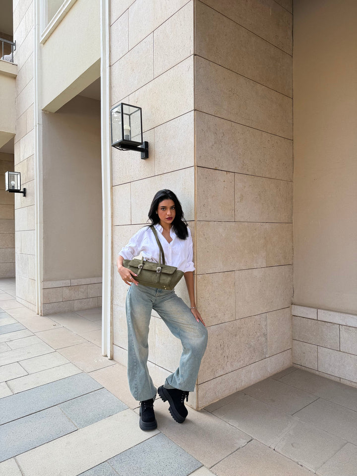 The Sloan Structured Suede Shoulder Bag - Olive