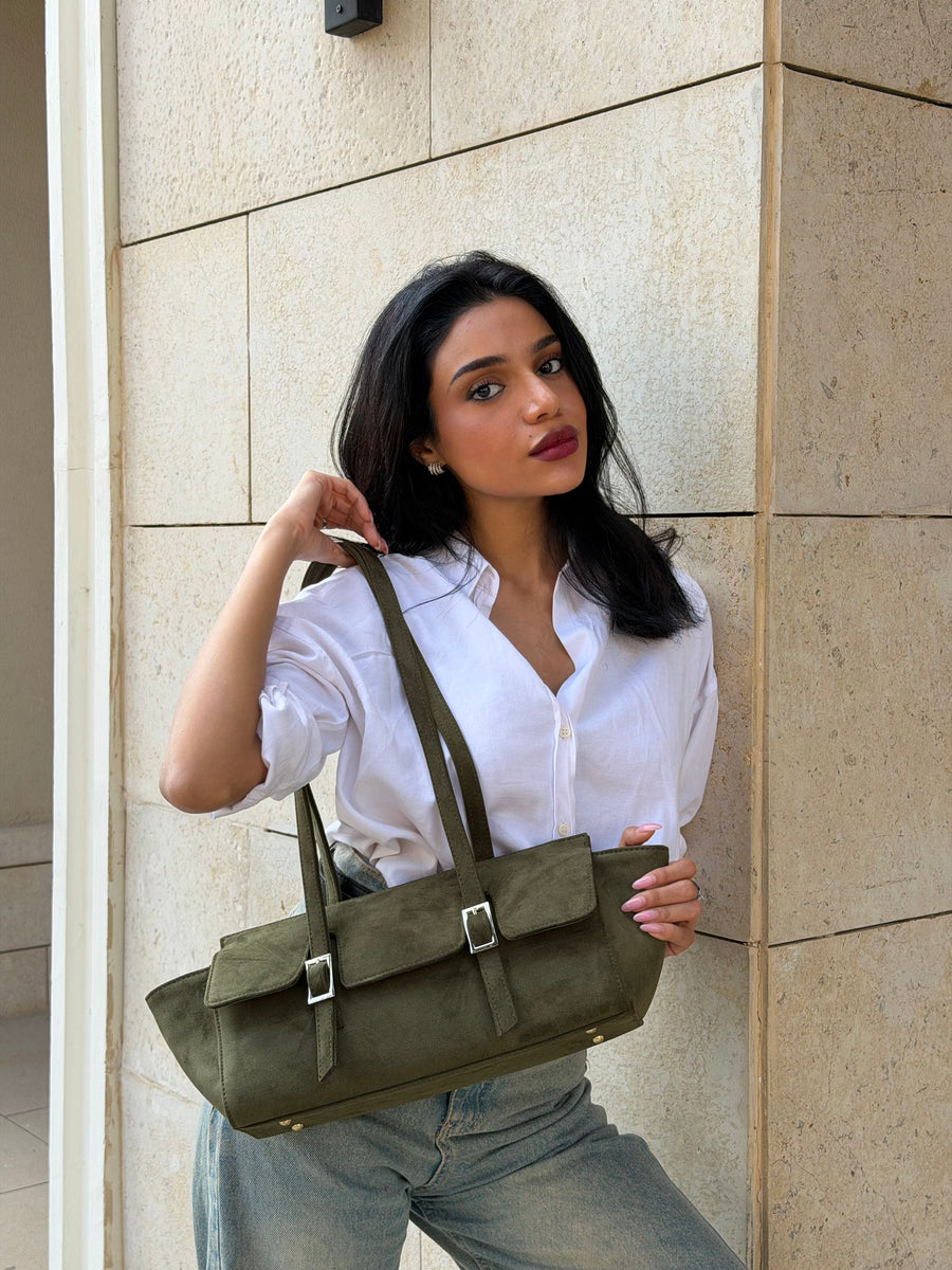 The Sloan Structured Suede Shoulder Bag - Olive
