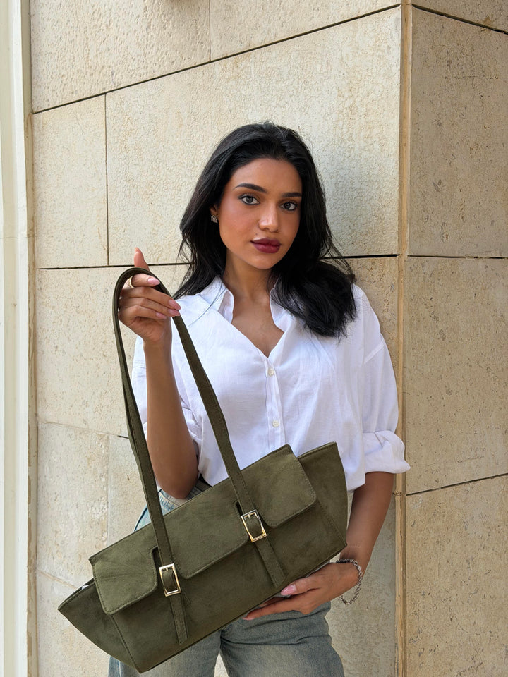 The Sloan Structured Suede Shoulder Bag - Olive