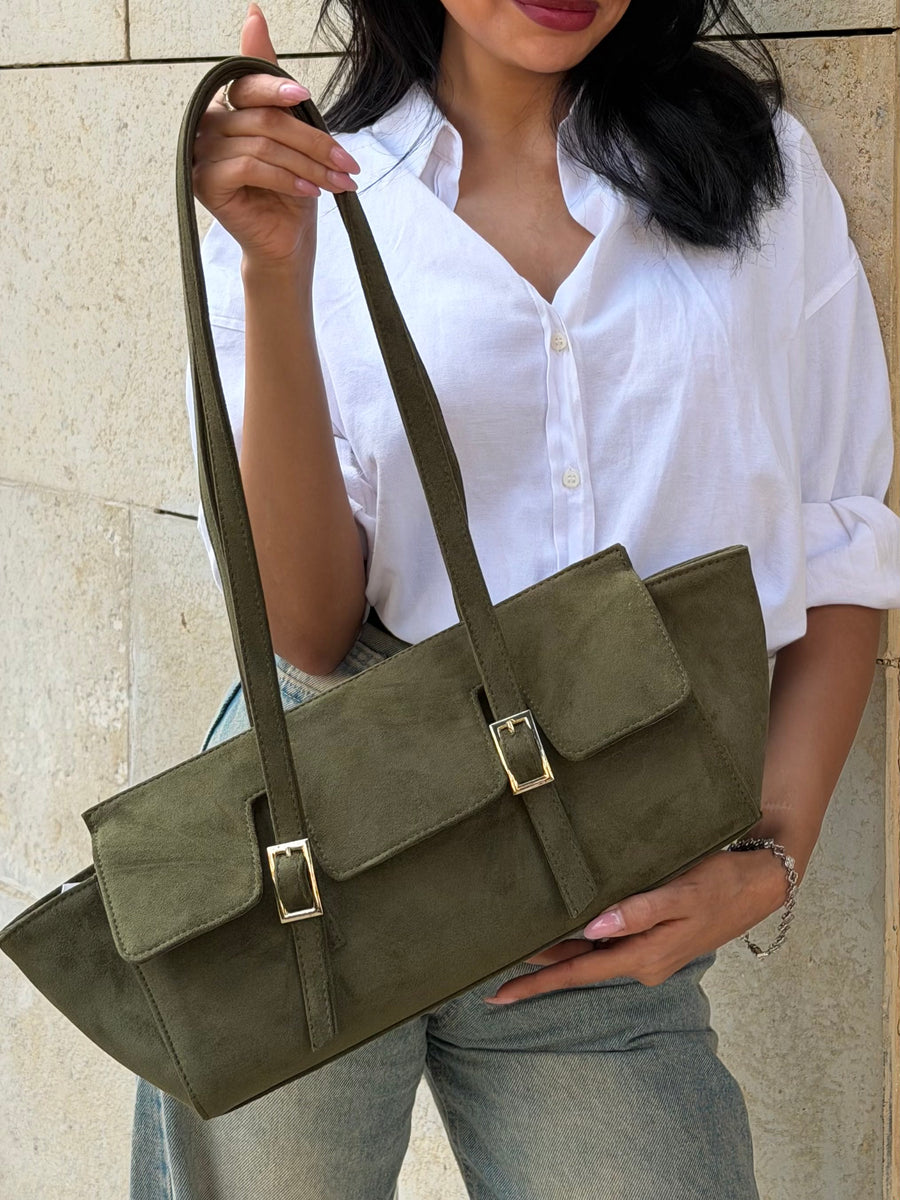 The Sloan Structured Suede Shoulder Bag - Olive