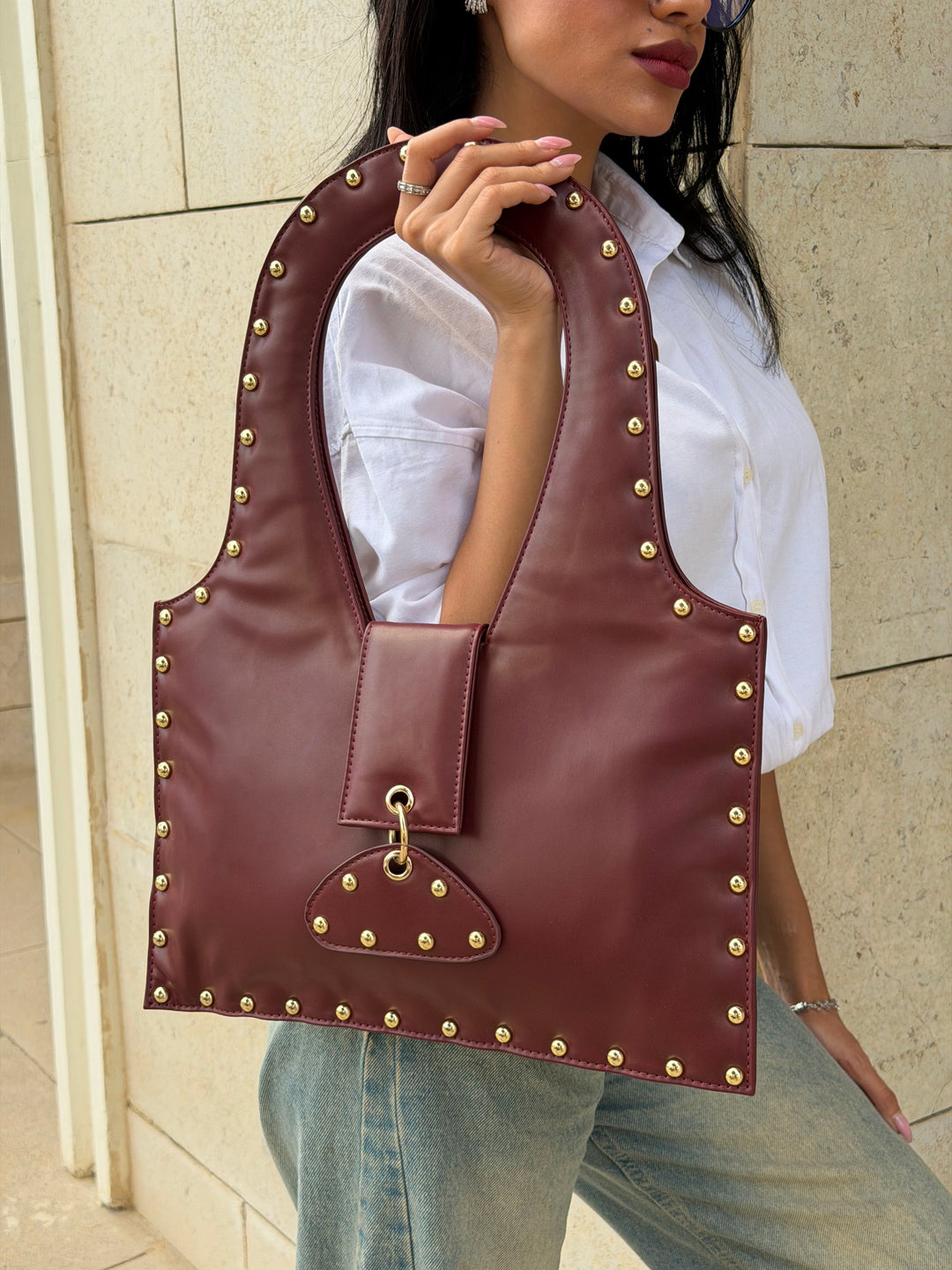 The Harlow Studded Leather Shoulder Bag - Burghandy