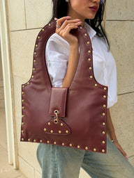 The Harlow Studded Leather Shoulder Bag - Burghandy