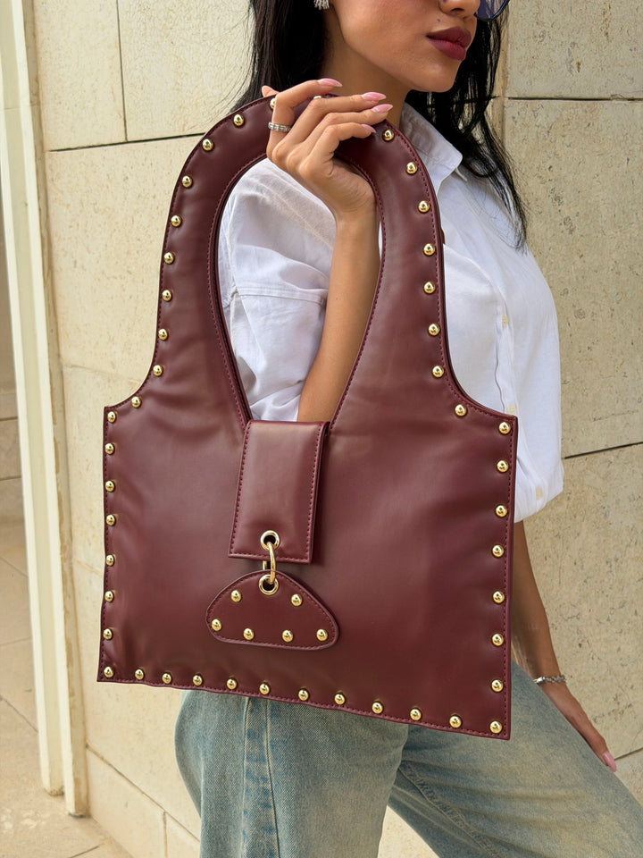 The Harlow Studded Leather Shoulder Bag - Burghandy