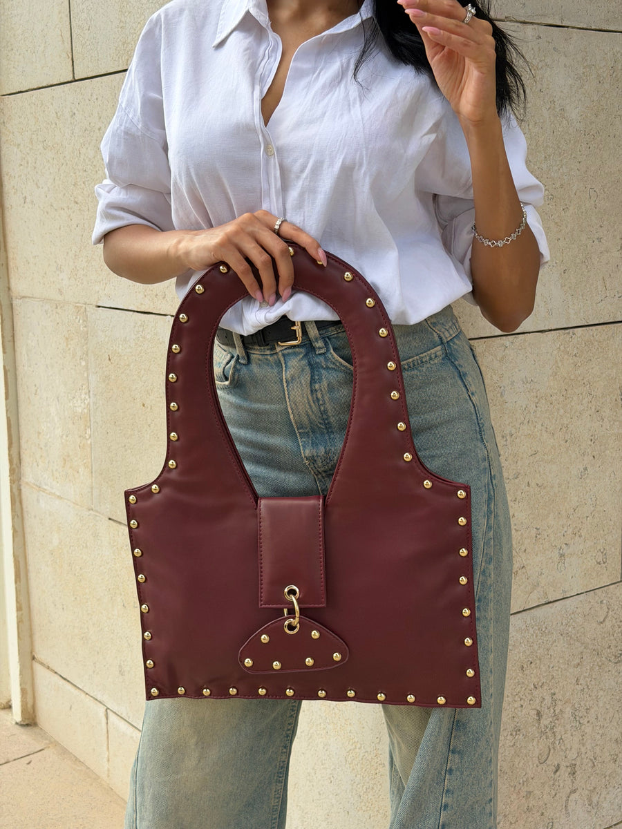 The Harlow Studded Leather Shoulder Bag - Burghandy