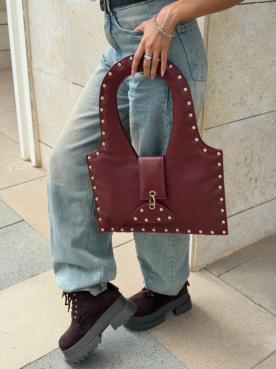 The Harlow Studded Leather Shoulder Bag - Burghandy
