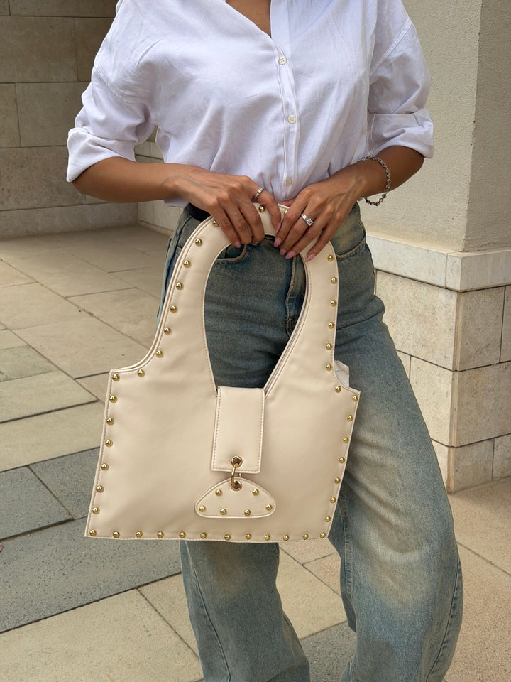 The Harlow Studded Leather Shoulder Bag - Beige
