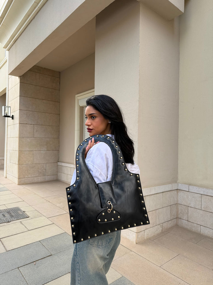 The Harlow Studded Leather Shoulder Bag - Black
