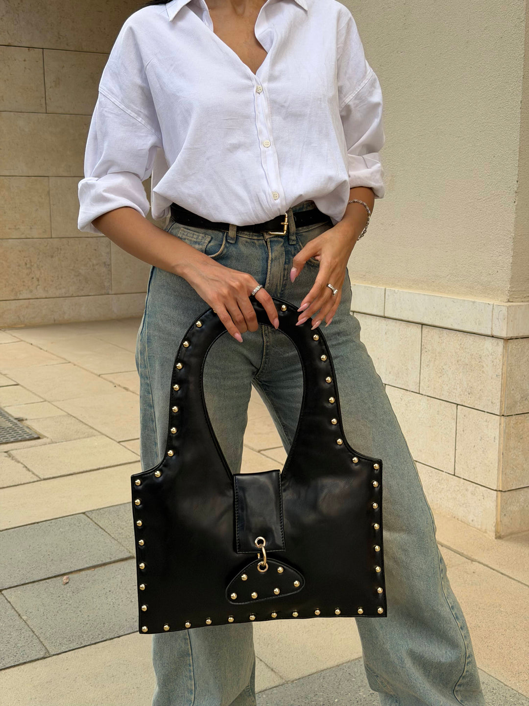 The Harlow Studded Leather Shoulder Bag - Black
