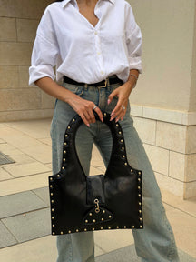 The Harlow Studded Leather Shoulder Bag - Black