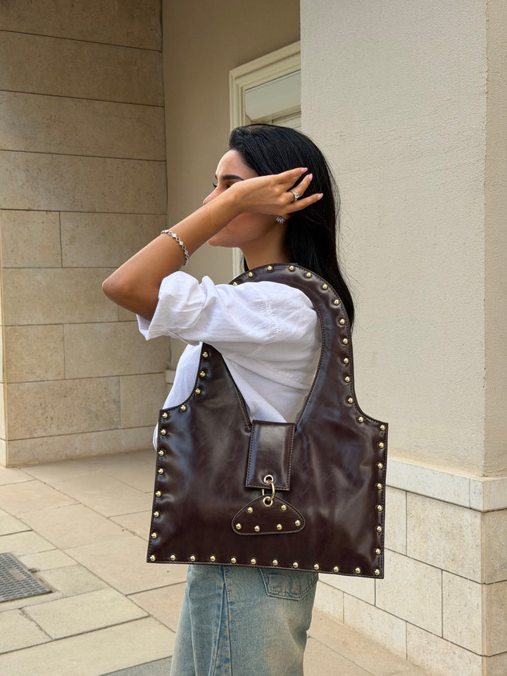 The Harlow Studded Leather Shoulder Bag - Brown