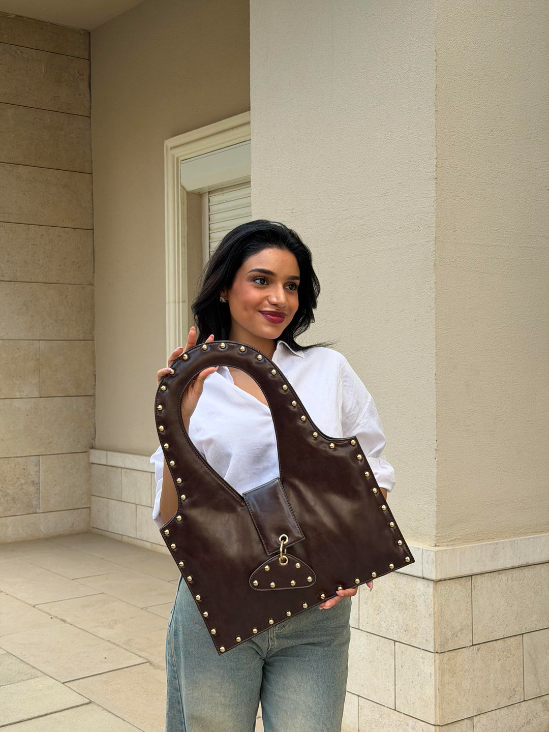 The Harlow Studded Leather Shoulder Bag - Brown