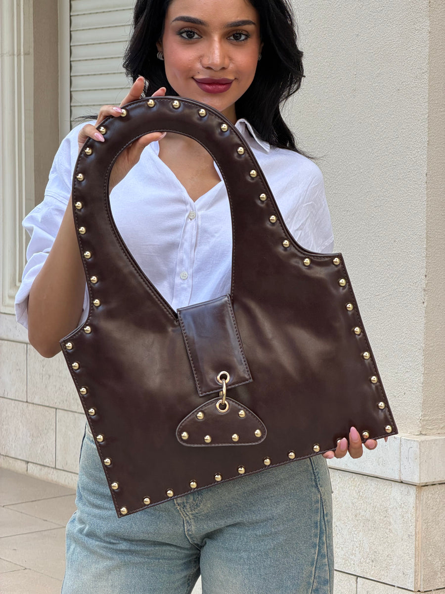 The Harlow Studded Leather Shoulder Bag - Brown