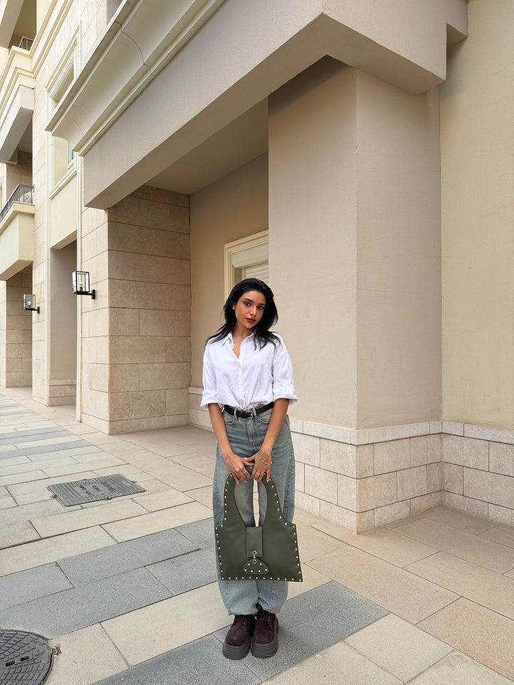 The Harlow Studded Leather Shoulder Bag - Olive