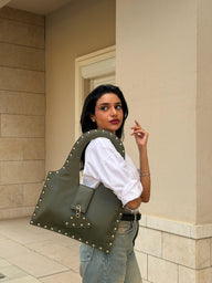 The Harlow Studded Leather Shoulder Bag - Olive