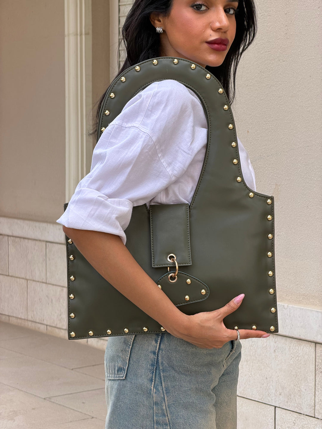 The Harlow Studded Leather Shoulder Bag - Olive