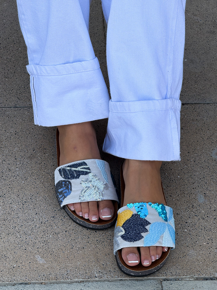 Azure Bloom Sequin Slides