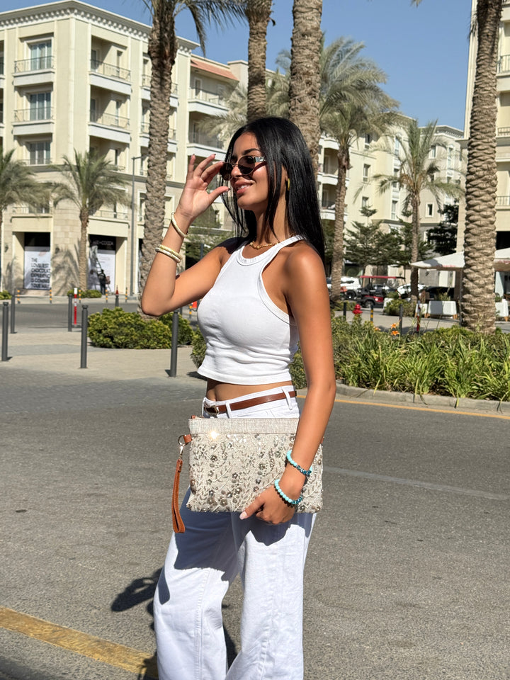 Golden Flora Sequin Shoulder Clutch
