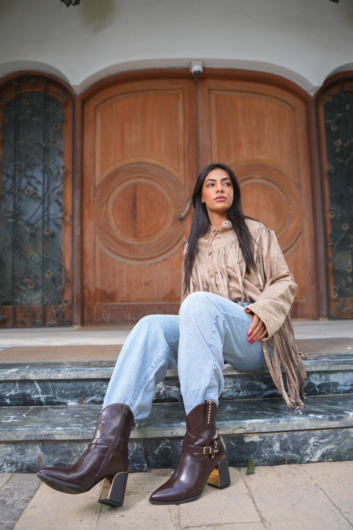 Havana Gold Heel Leather Boots | Brown