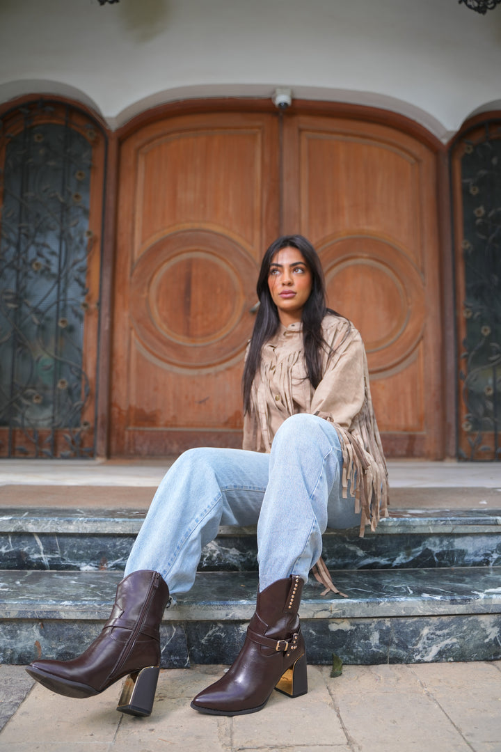 Havana Gold Heel Leather Boots | Brown