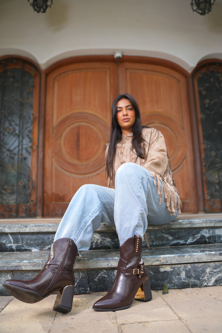 Havana Gold Heel Leather Boots | Brown