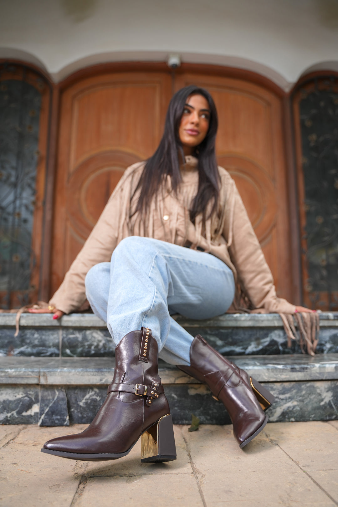 Havana Gold Heel Leather Boots | Brown
