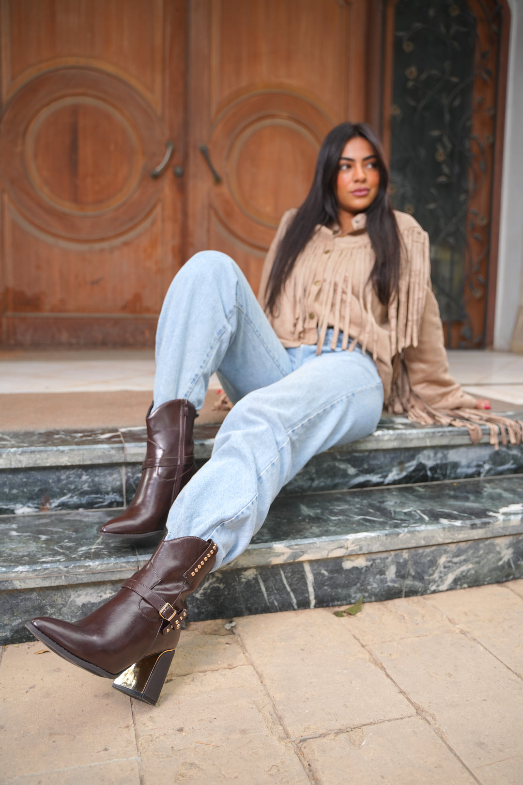 Havana Gold Heel Leather Boots | Brown