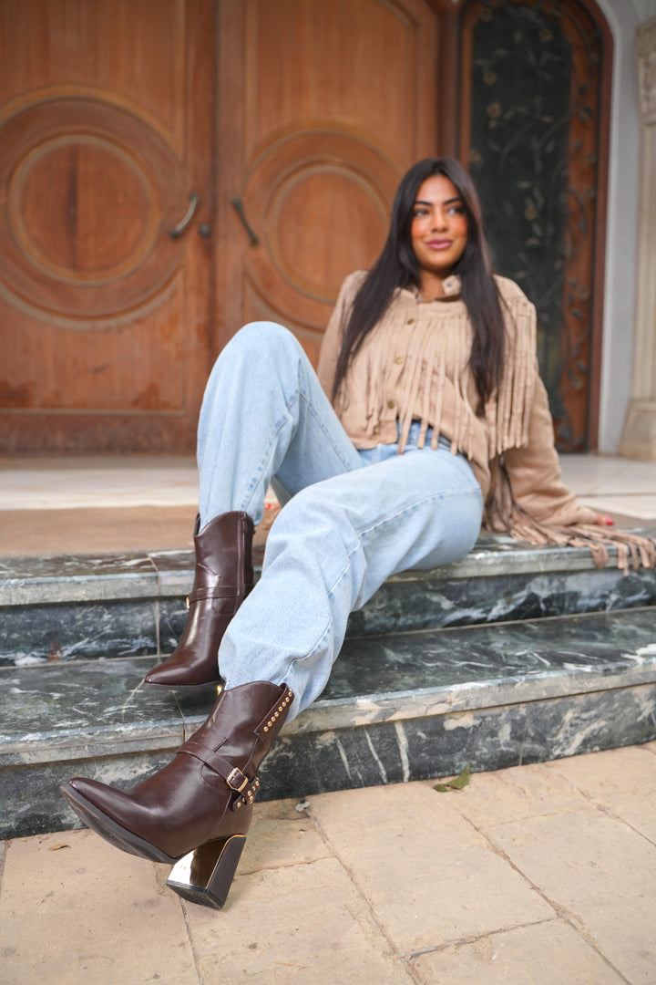 Havana Gold Heel Leather Boots | Brown