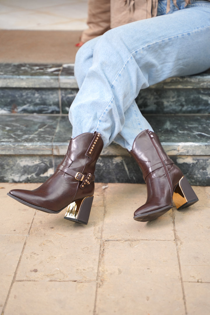 Havana Gold Heel Leather Boots | Brown