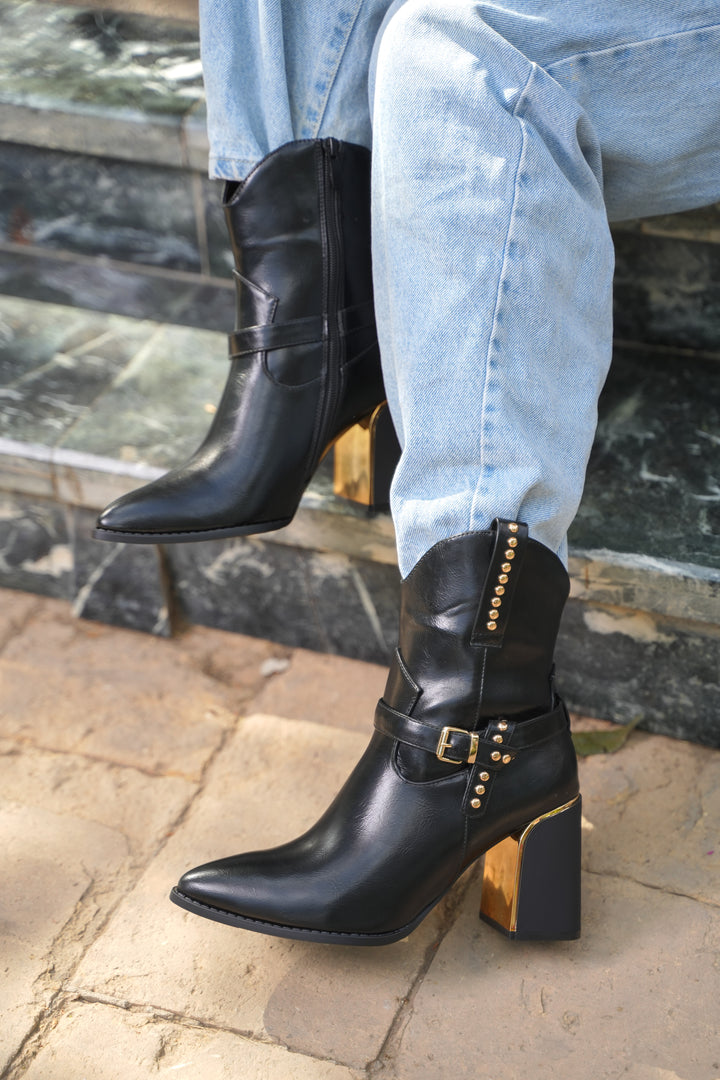Havana Gold Heel Leather Boots | black