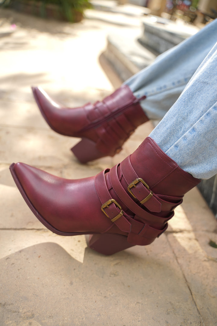 Sahara Triple Strap Leather Boots | Burgundy