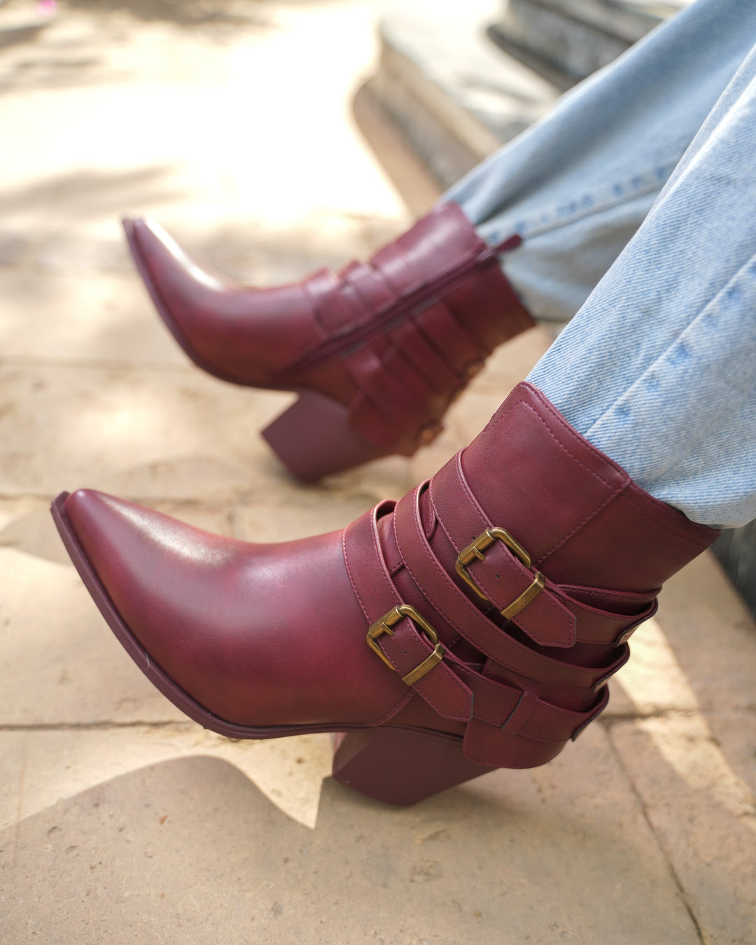 Sahara Triple Strap Leather Boots | Burgundy