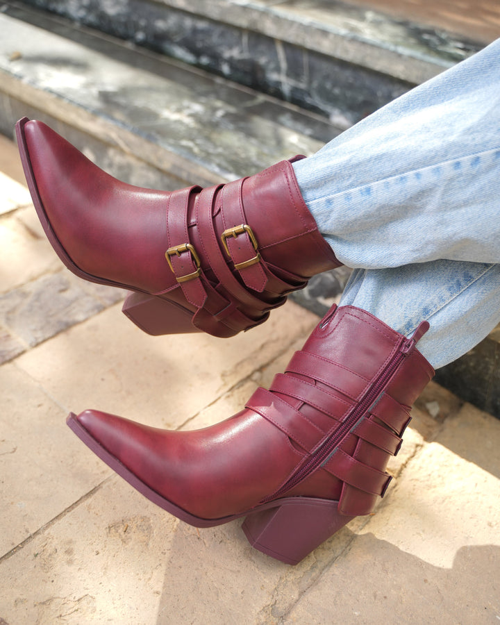 Sahara Triple Strap Leather Boots | Burgundy