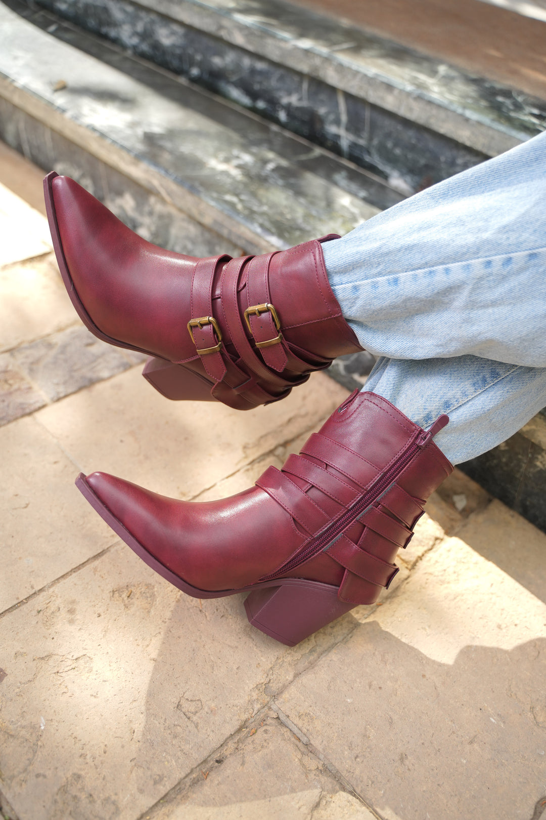 Sahara Triple Strap Leather Boots | Burgundy