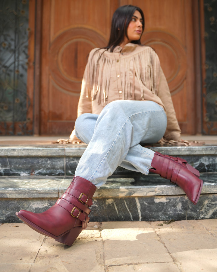 Sahara Triple Strap Leather Boots | Burgundy