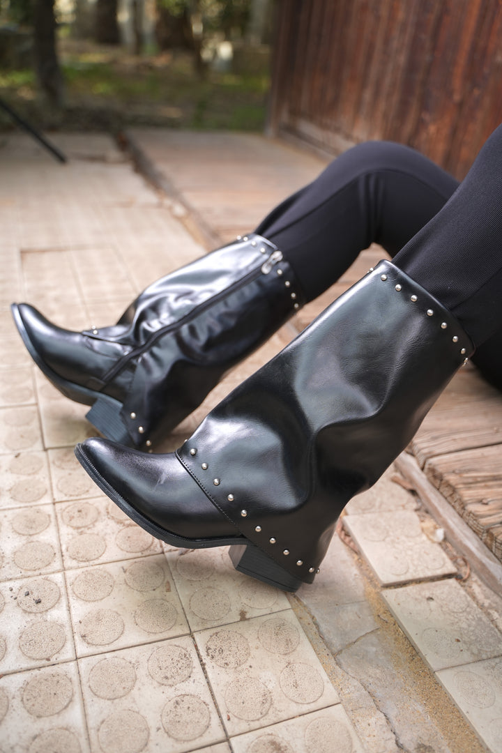 Faux Leather Studded Mid-Calf Slouch Boots |  Black