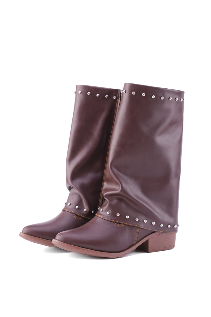 Faux Leather Studded Mid-Calf Slouch Boots |  Brown