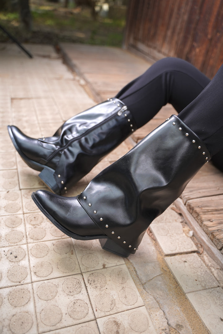 Faux Leather Studded Mid-Calf Slouch Boots |  Black