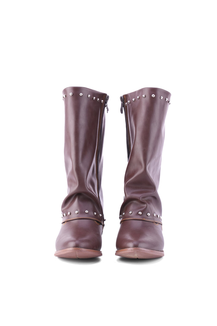 Faux Leather Studded Mid-Calf Slouch Boots |  Brown