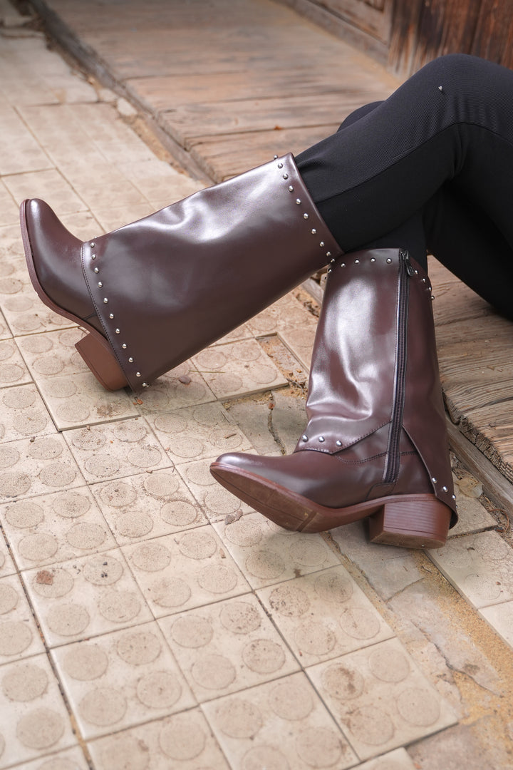 Faux Leather Studded Mid-Calf Slouch Boots |  Brown