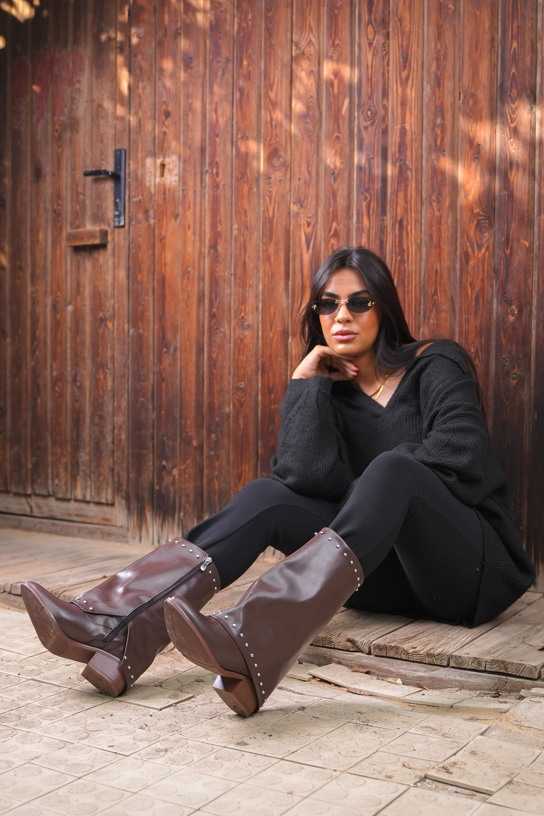 Faux Leather Studded Mid-Calf Slouch Boots |  Brown
