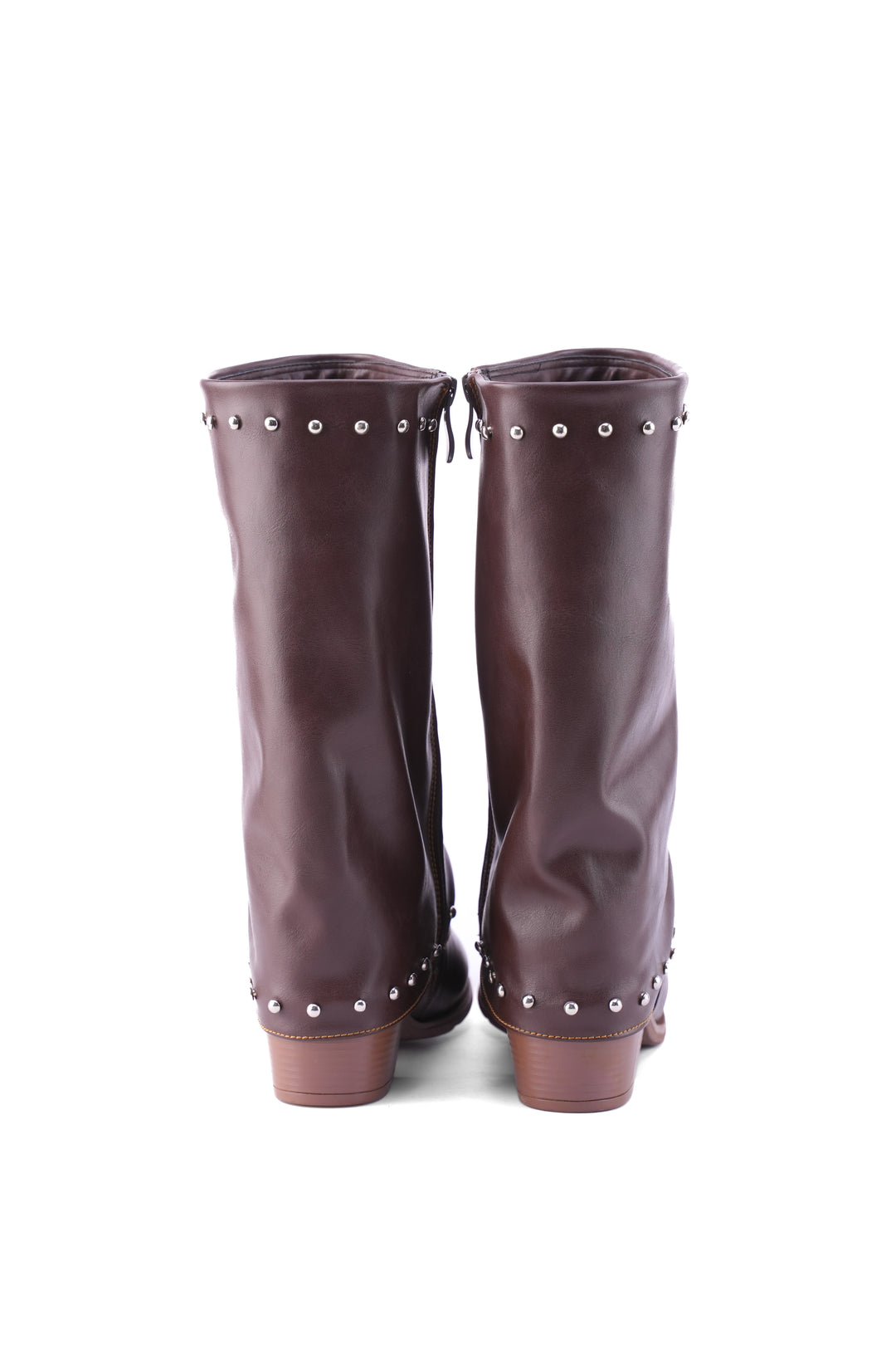 Faux Leather Studded Mid-Calf Slouch Boots |  Brown