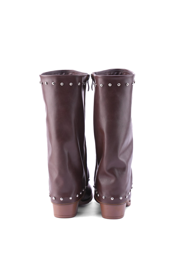 Faux Leather Studded Mid-Calf Slouch Boots |  Brown
